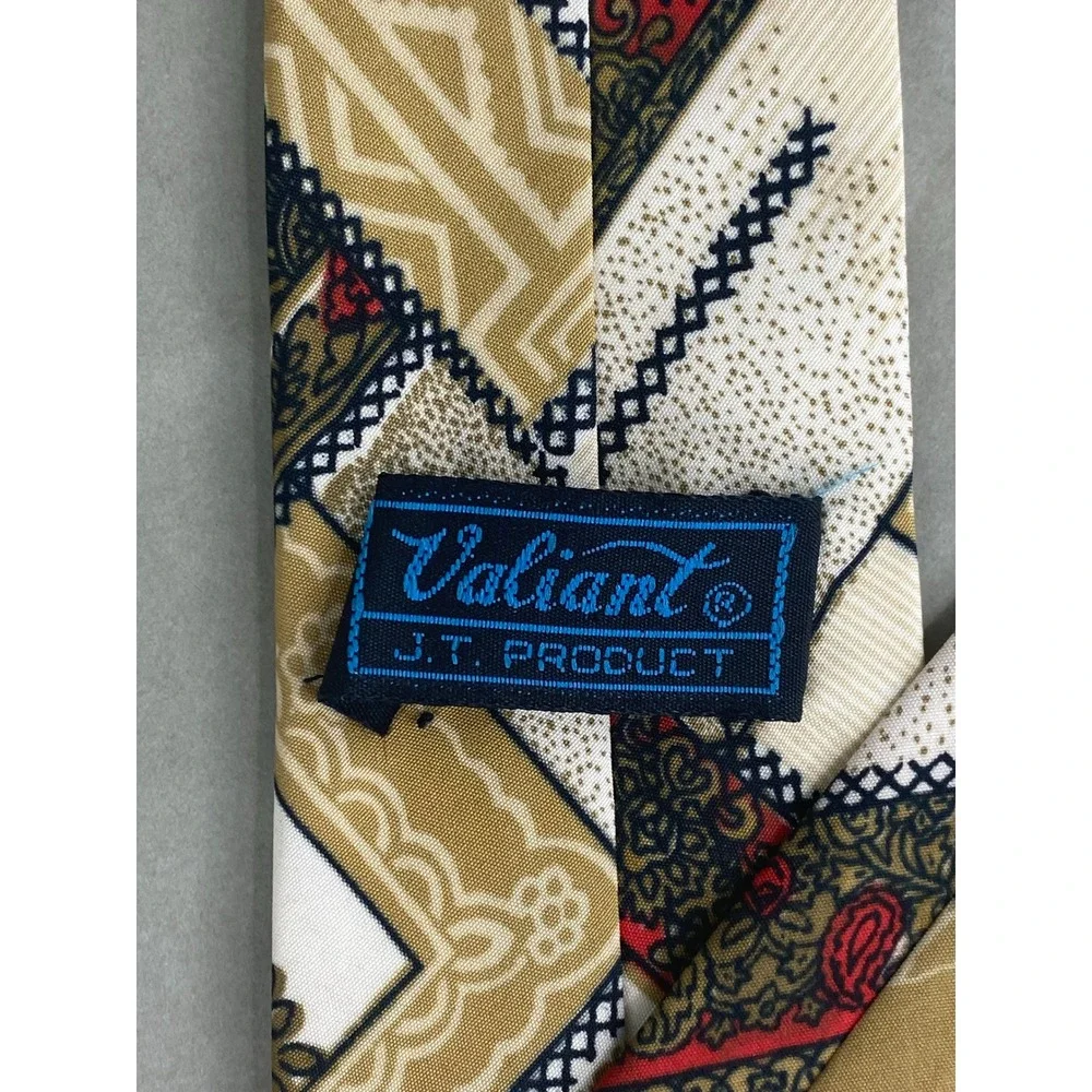 Valiant Mens Tie Tan Geometric Paisley Patchwork Retro Abstract Art Deco 58x3